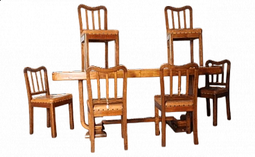 6 Art Deco walnut chairs and table, 1940s