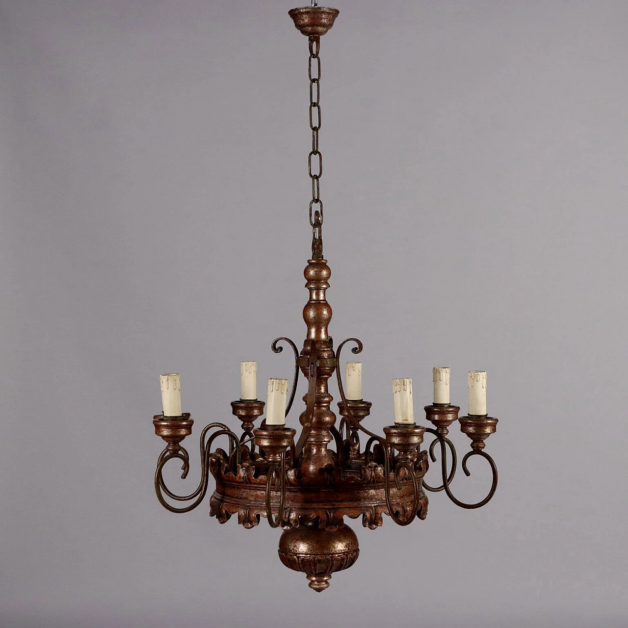 Turned wooden chandelier with eight metal arms 1