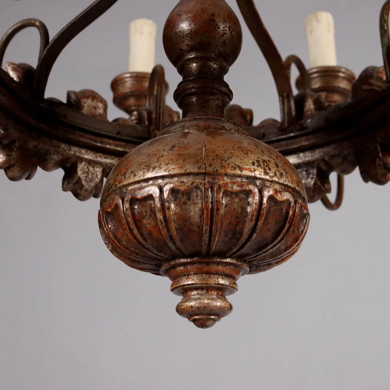 Turned wooden chandelier with eight metal arms 8