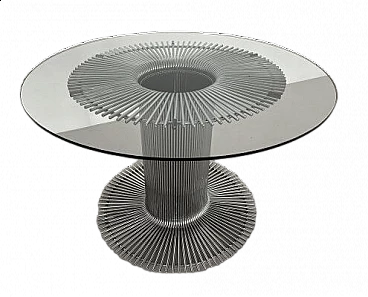 Glass table with chrome-plated metal pedestal in the style of Verner Panton, 1970s