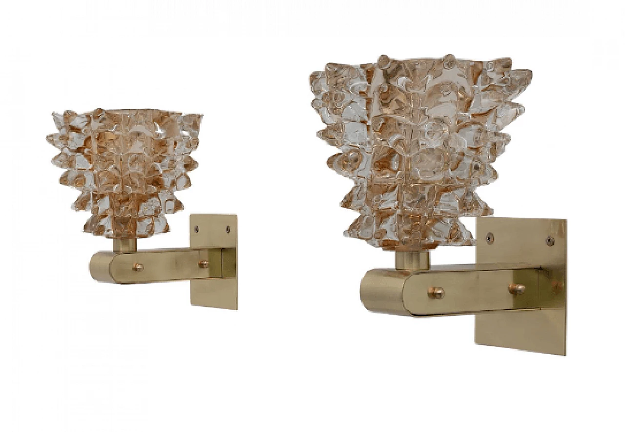 Pair of brass and rostrato Murano glass wall lights, 1990s 1
