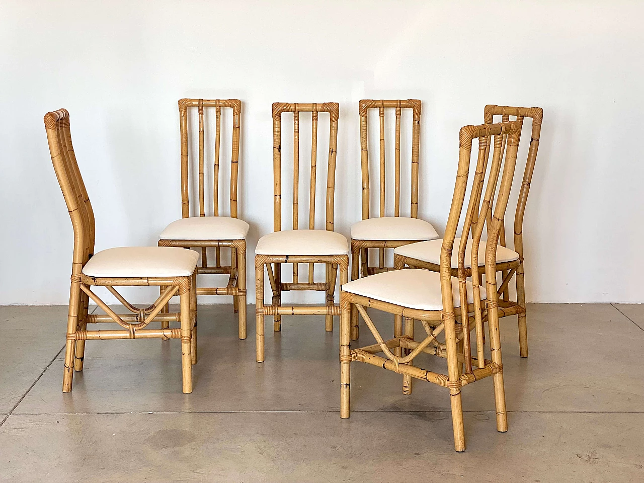 6 Bamboo dining chairs, 1970s 3