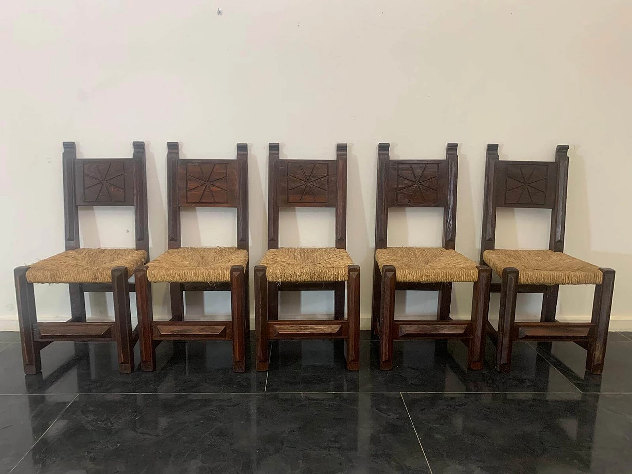 5 Brutalist dining chairs in carved oak, 1950s 1