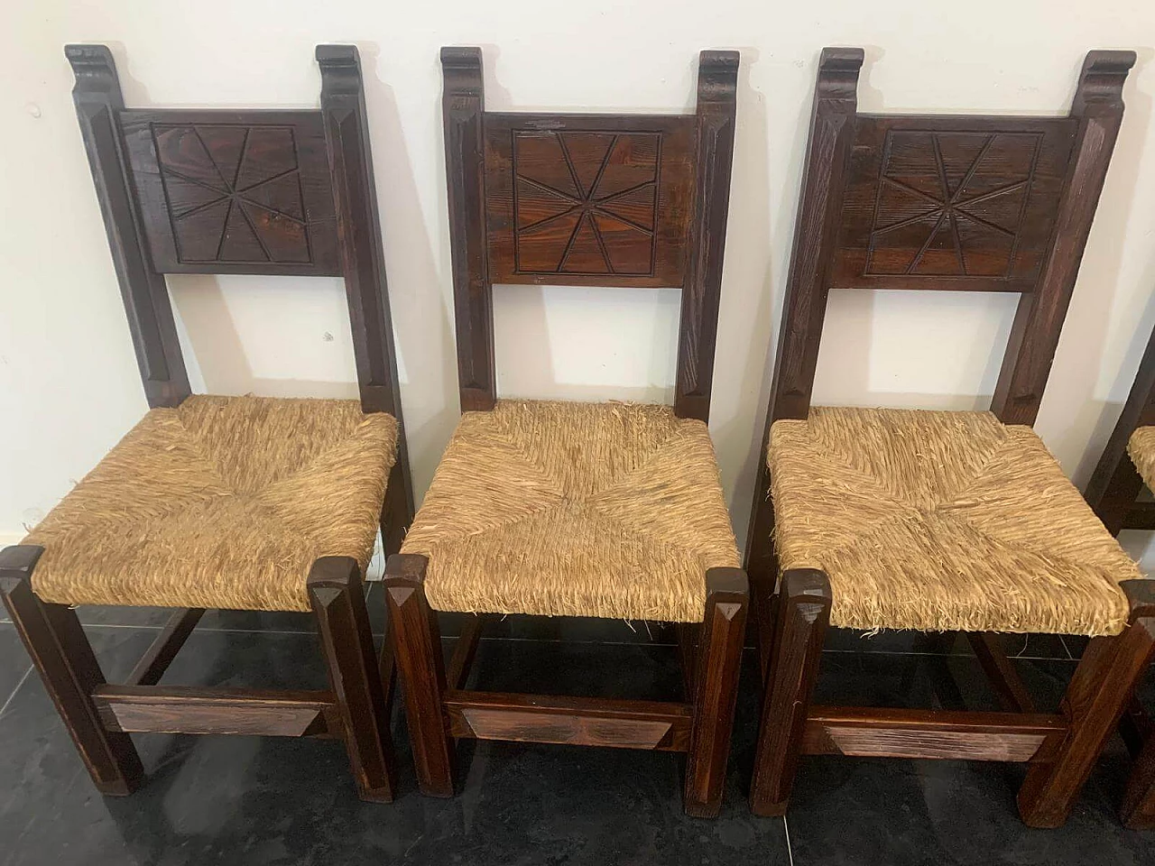5 Brutalist dining chairs in carved oak, 1950s 2