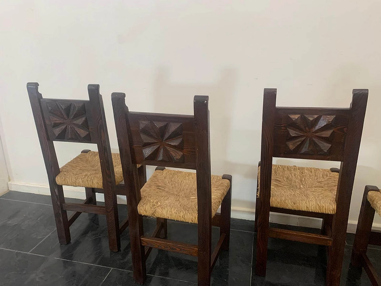 5 Brutalist dining chairs in carved oak, 1950s 5