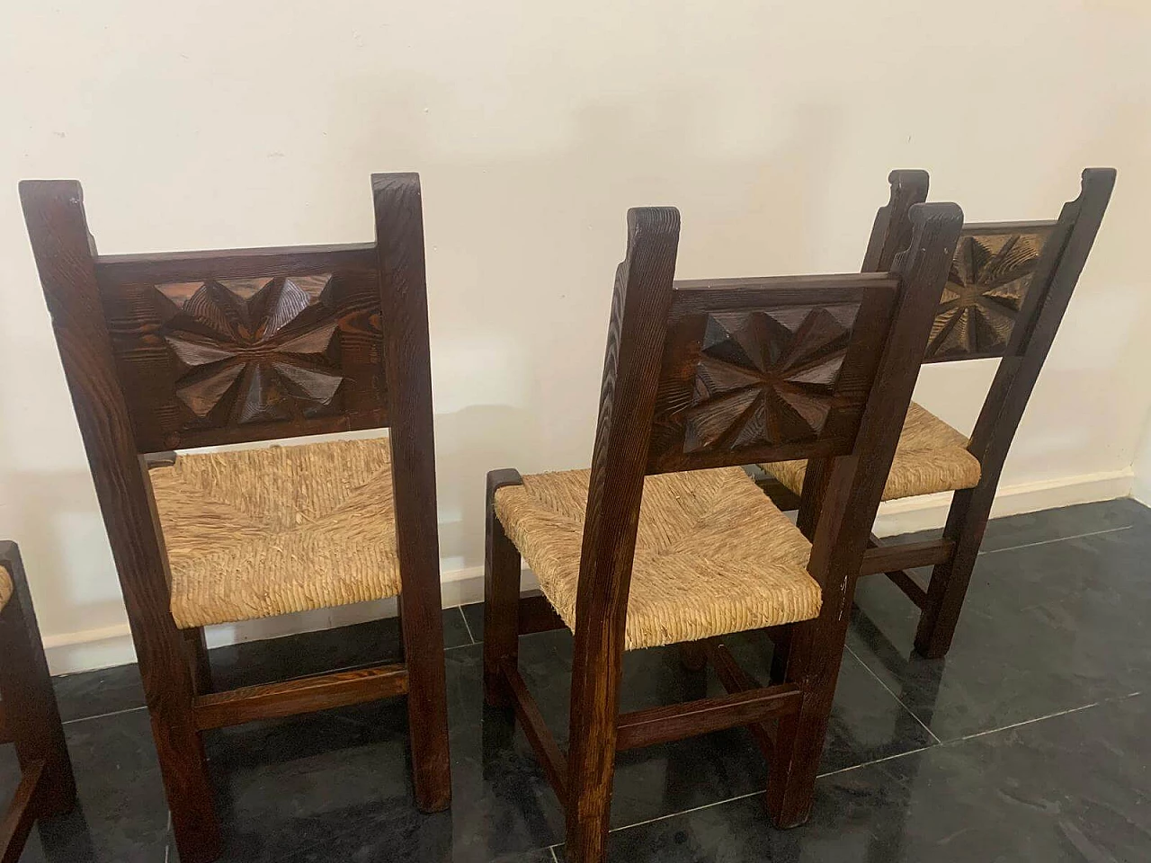 5 Brutalist dining chairs in carved oak, 1950s 6