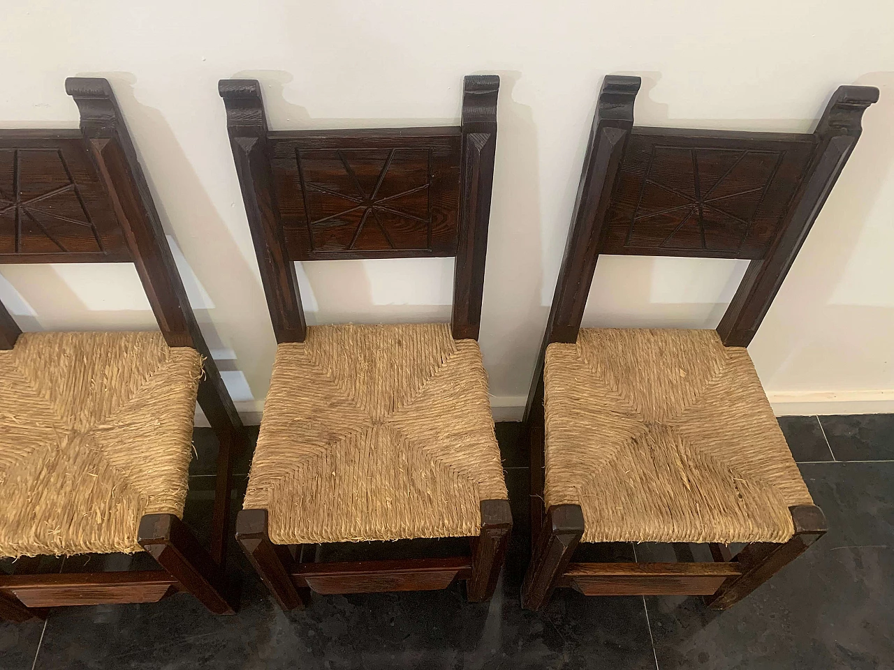5 Brutalist dining chairs in carved oak, 1950s 9