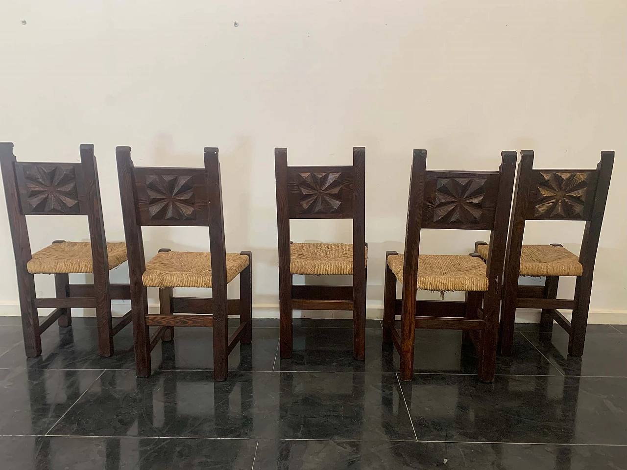 5 Brutalist dining chairs in carved oak, 1950s 10
