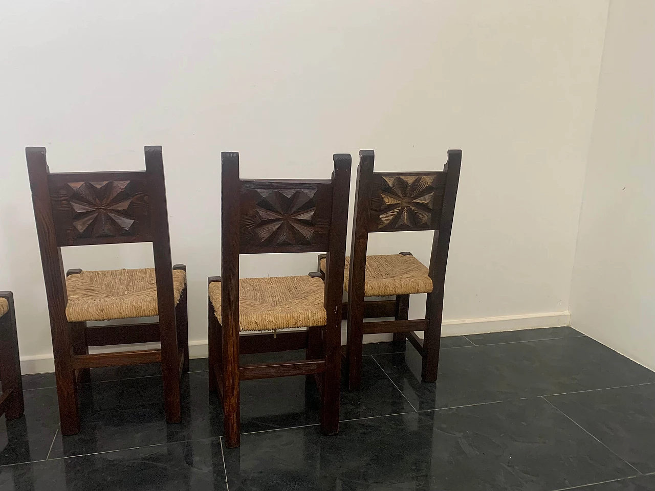 5 Brutalist dining chairs in carved oak, 1950s 11
