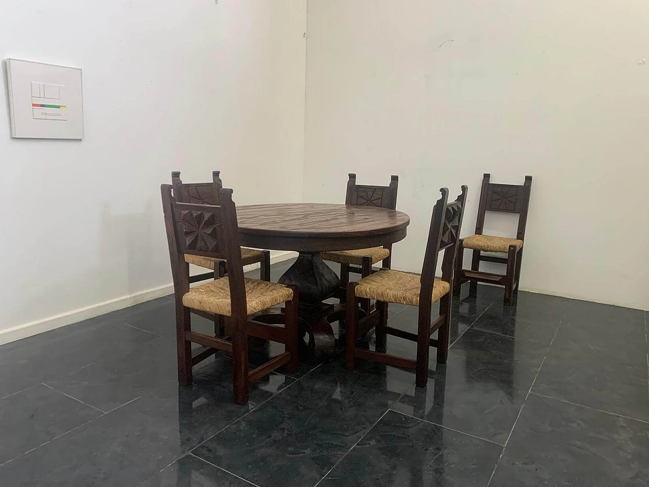 5 Brutalist dining chairs in carved oak, 1950s 13