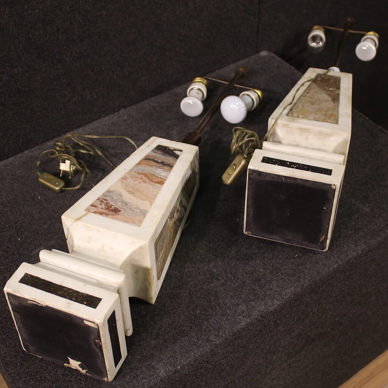 Pair of white marble table lamps with polychrome inserts, 1960s 10