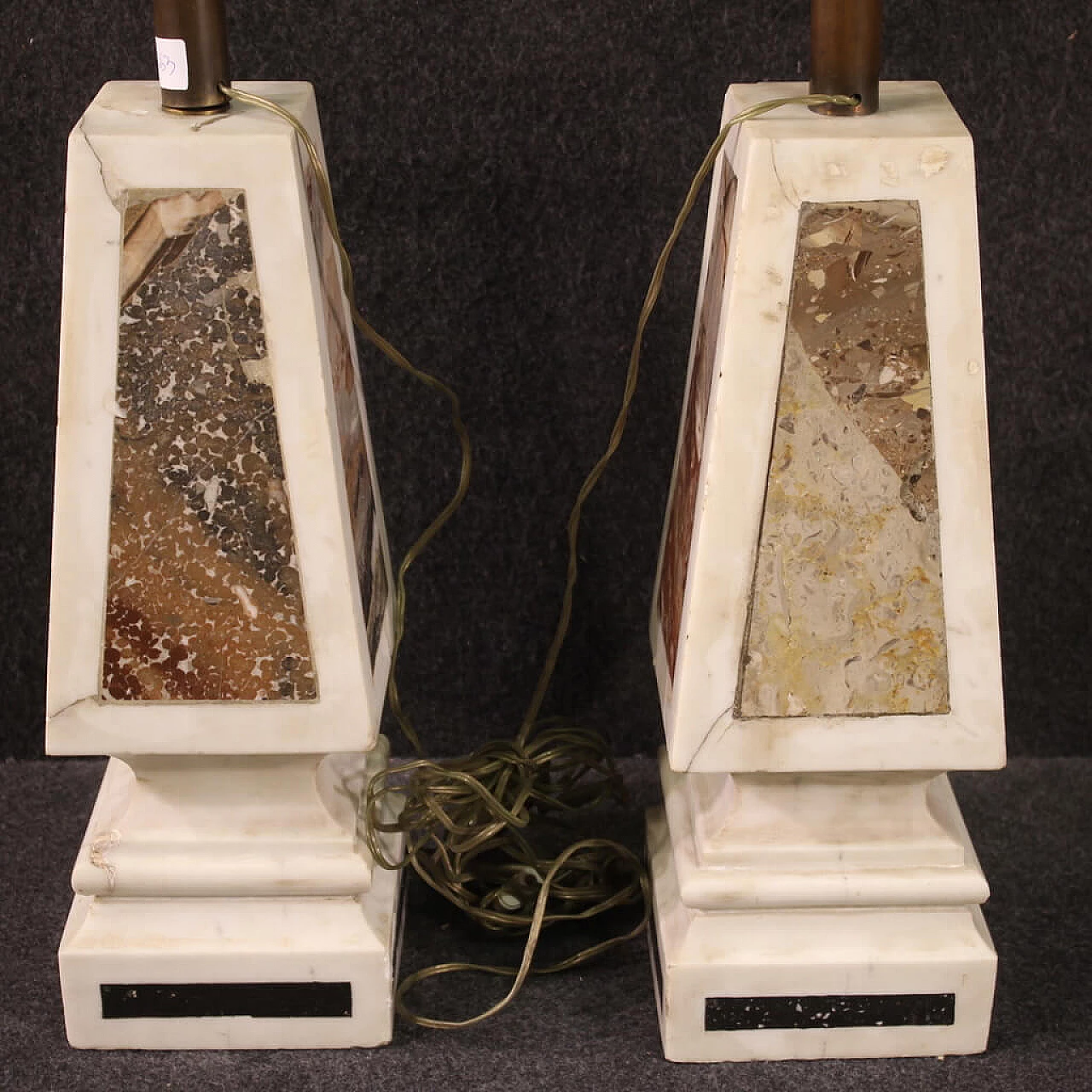 Pair of white marble table lamps with polychrome inserts, 1960s 11