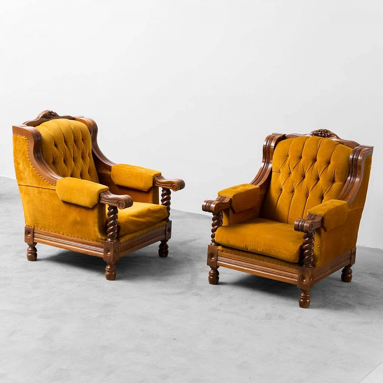 Pair of armchairs in yellow velvet and wood, 1950s 1