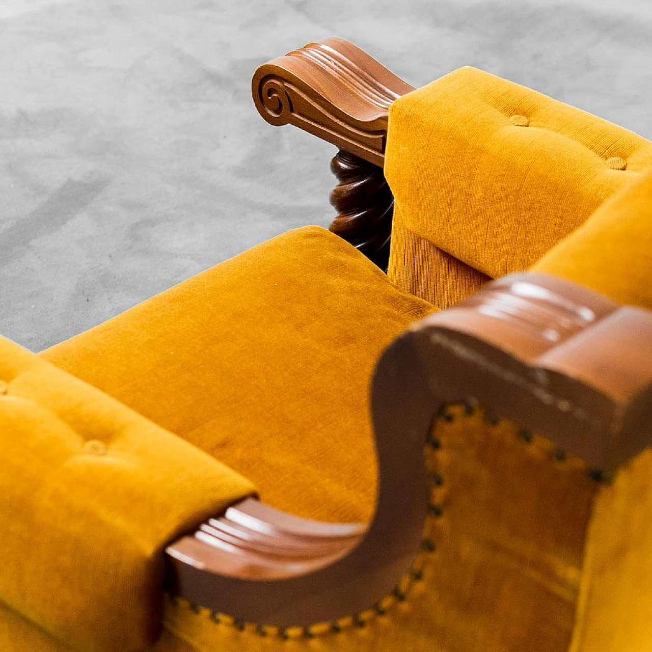 Pair of armchairs in yellow velvet and wood, 1950s 2
