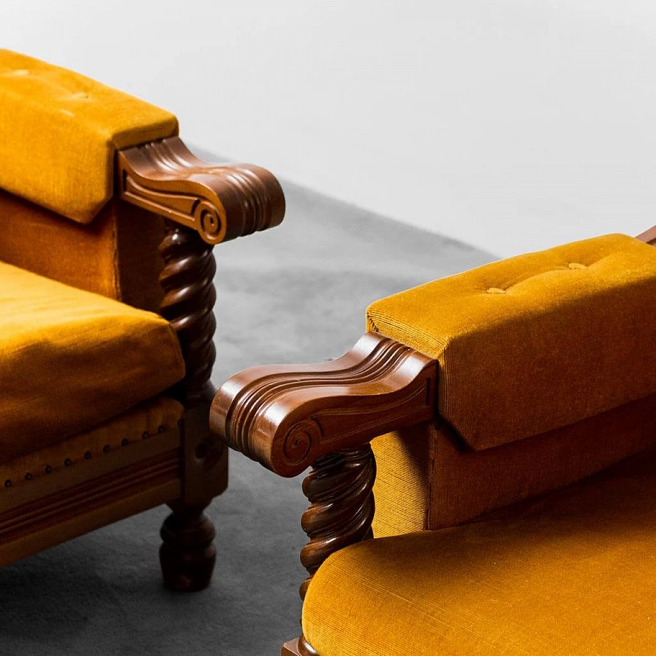 Pair of armchairs in yellow velvet and wood, 1950s 5
