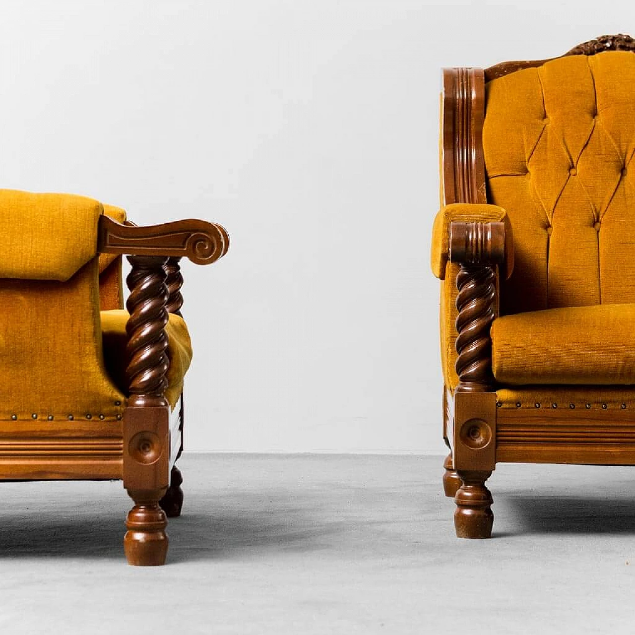 Pair of armchairs in yellow velvet and wood, 1950s 7