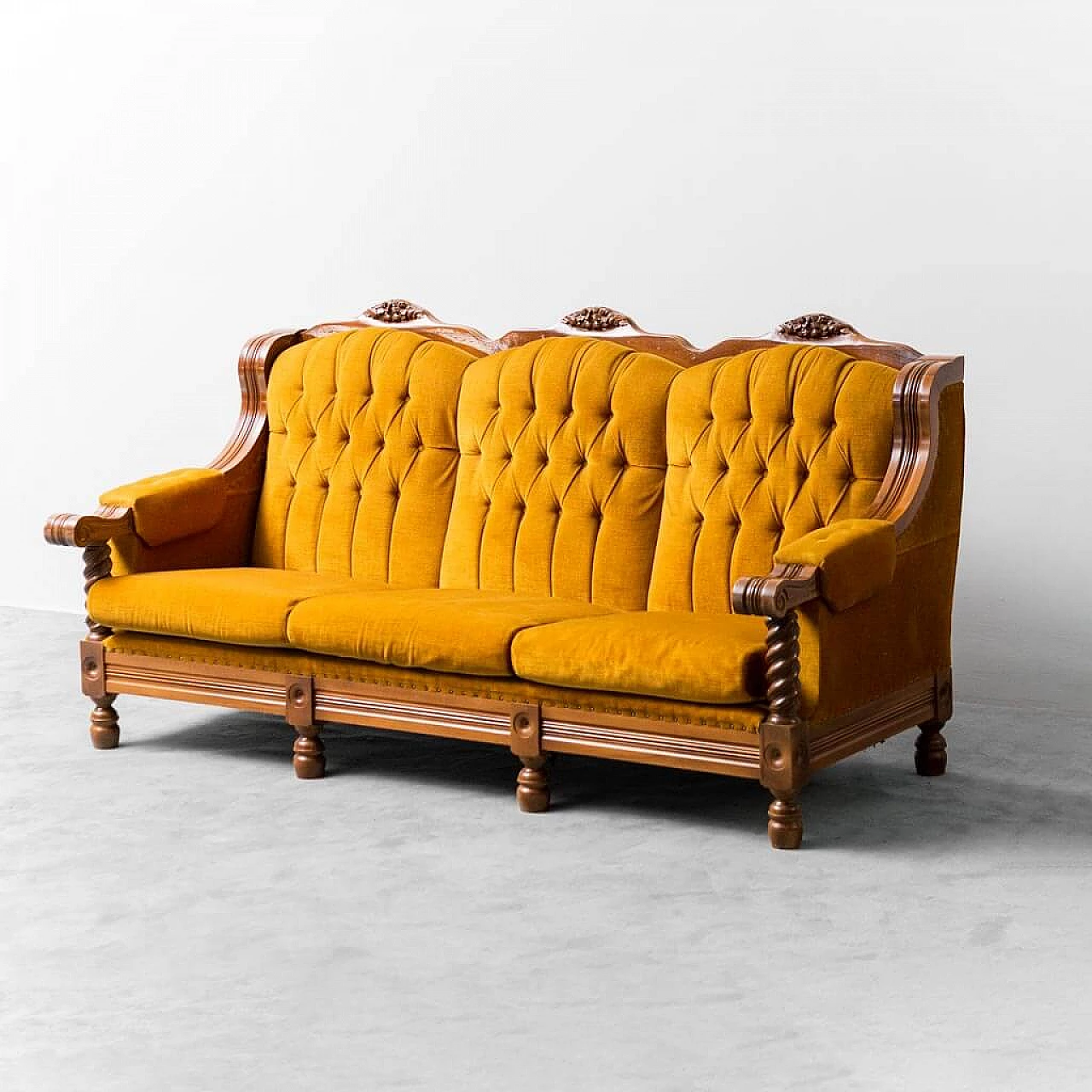Three-seater wood and yellow velvet sofa, 1950s 1