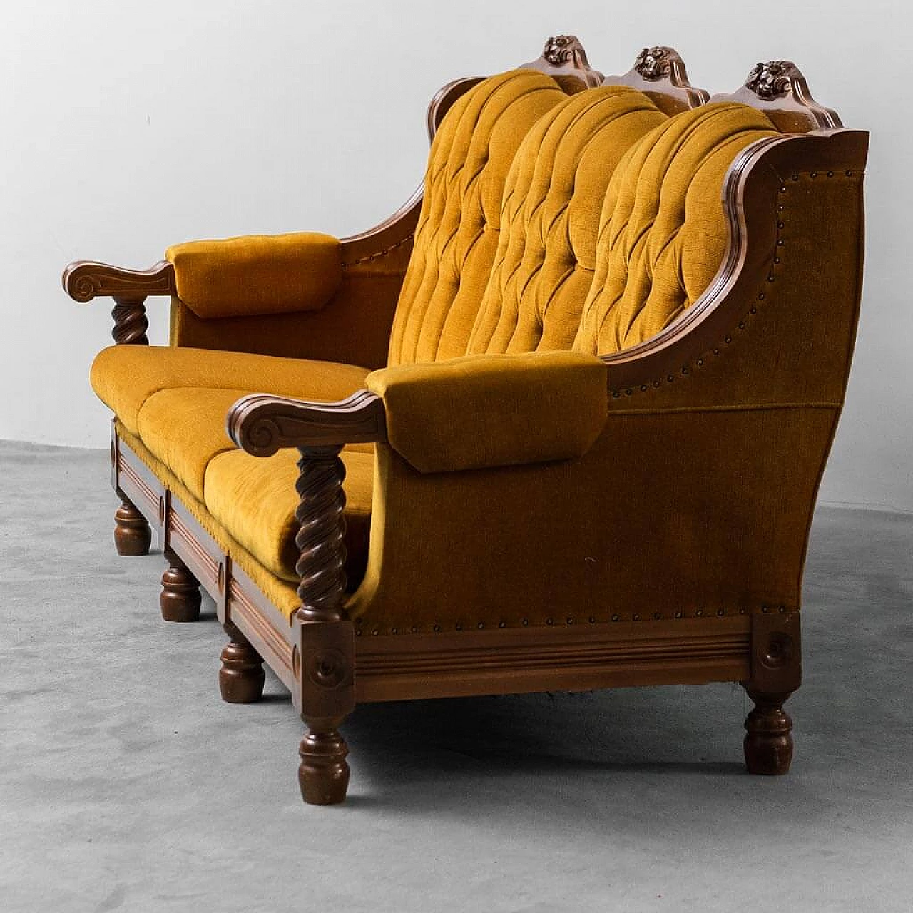 Three-seater wood and yellow velvet sofa, 1950s 2