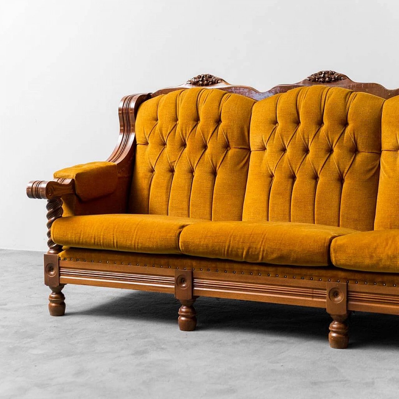 Three-seater wood and yellow velvet sofa, 1950s 3