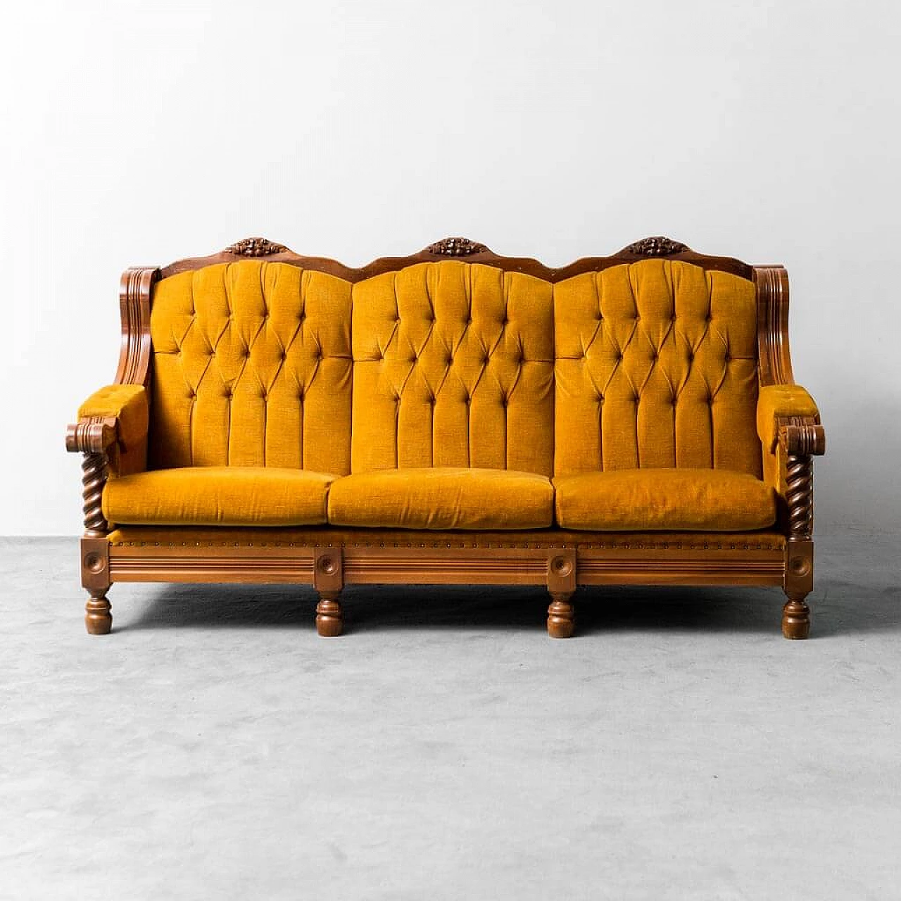 Three-seater wood and yellow velvet sofa, 1950s 4