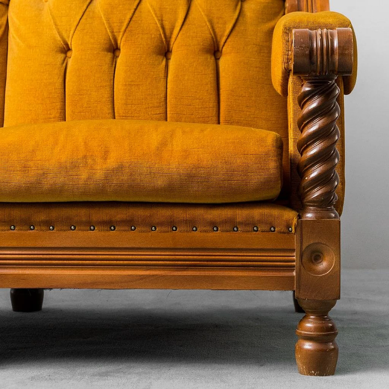 Three-seater wood and yellow velvet sofa, 1950s 6