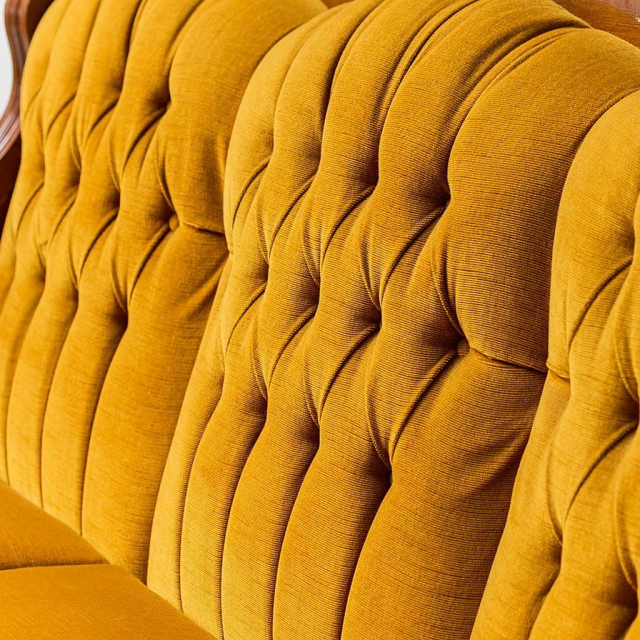 Three-seater wood and yellow velvet sofa, 1950s 8