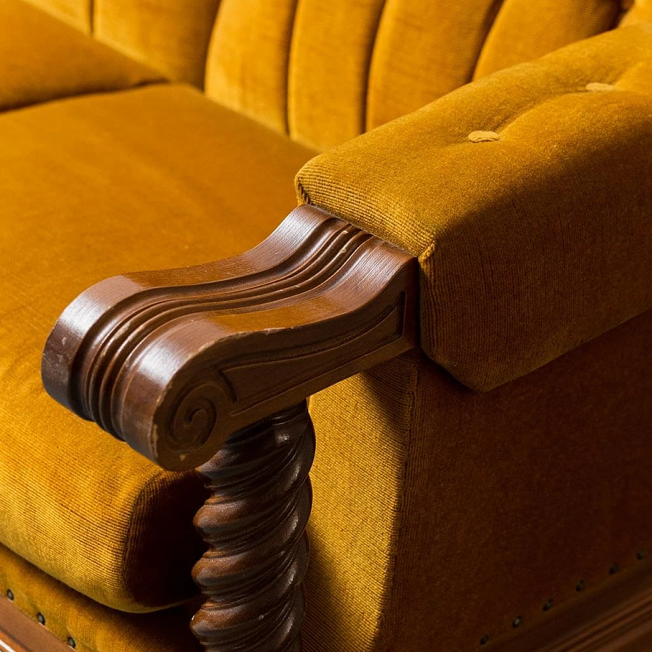 Three-seater wood and yellow velvet sofa, 1950s 10