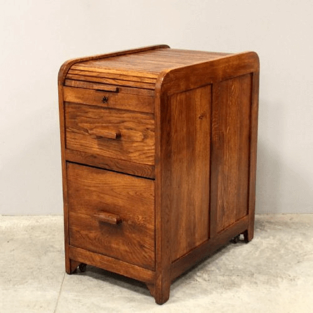 Oak filing cabinet with shutter and drawers, early 20th century 1