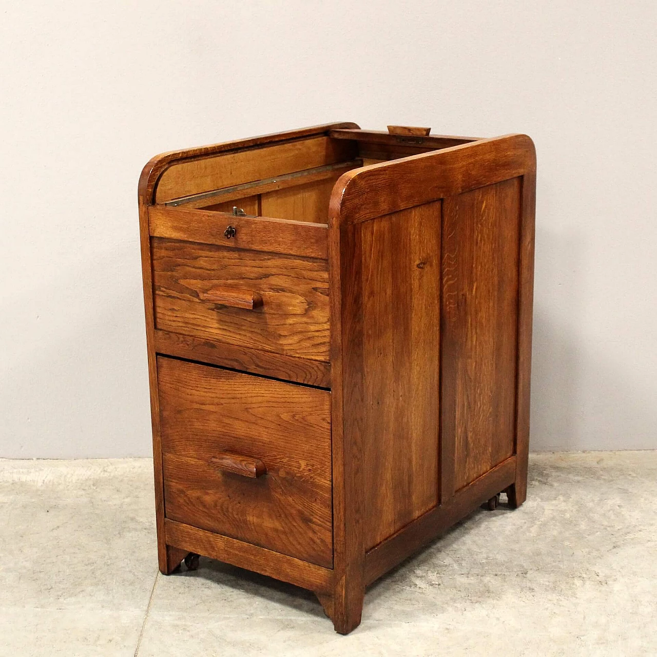 Oak filing cabinet with shutter and drawers, early 20th century 8
