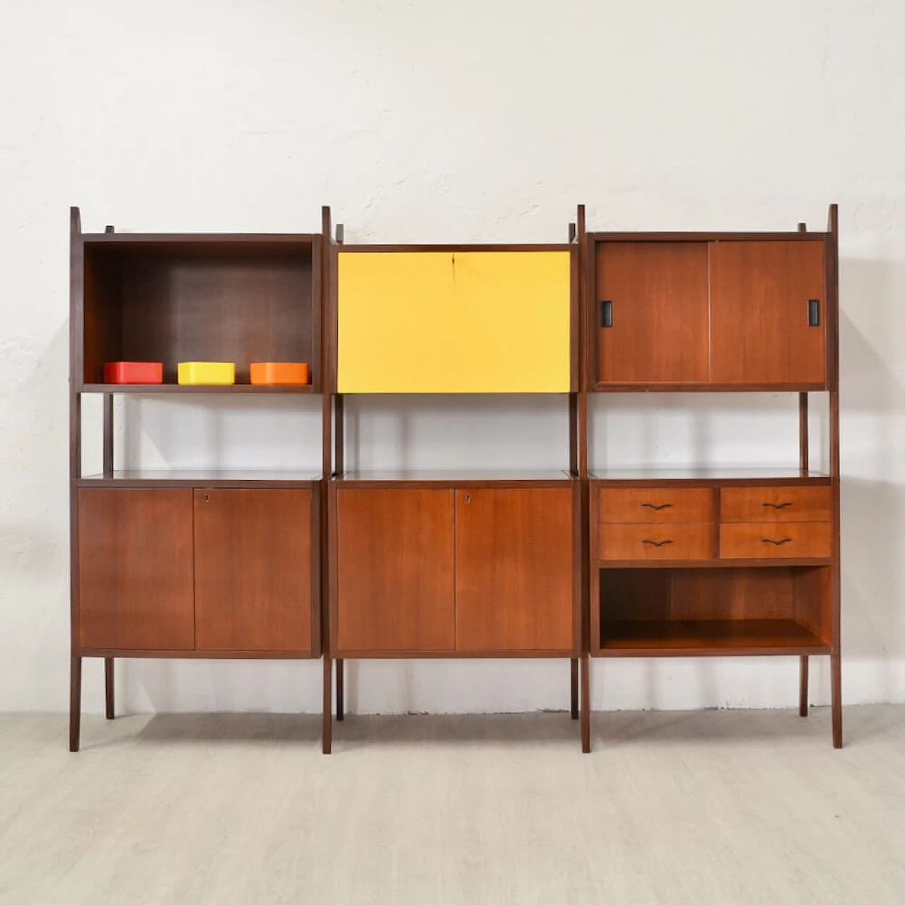 Three-module wooden bookcase, 1950s 1