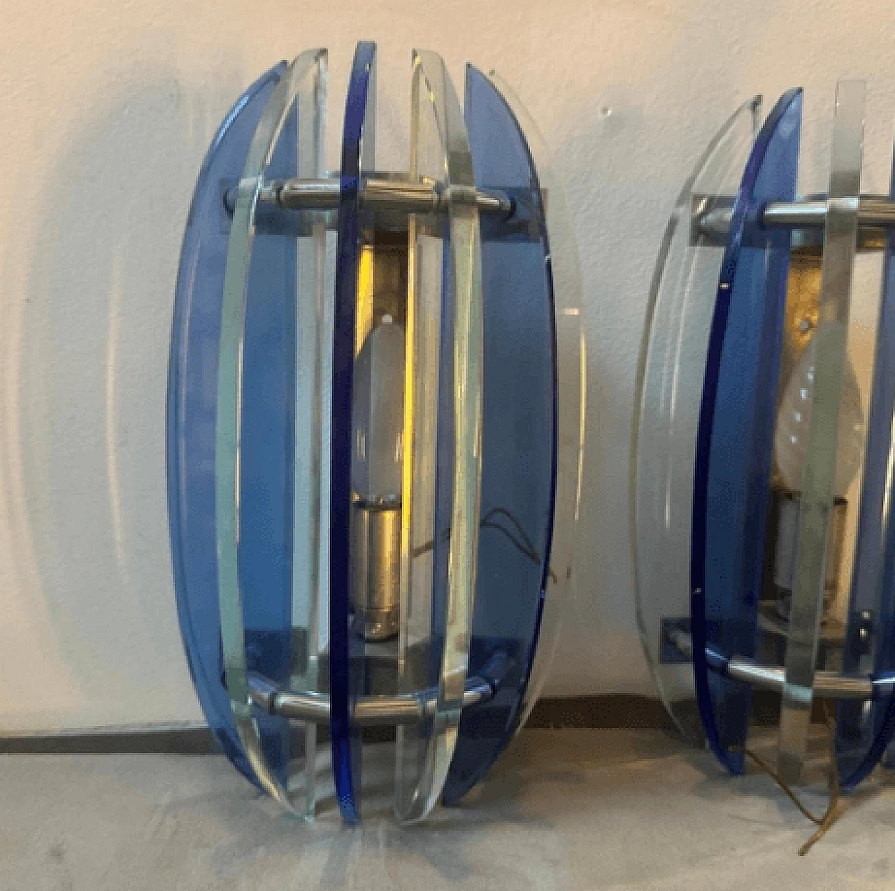 Pair of Space Age glass and metal wall lights by Veca, 1960s 3