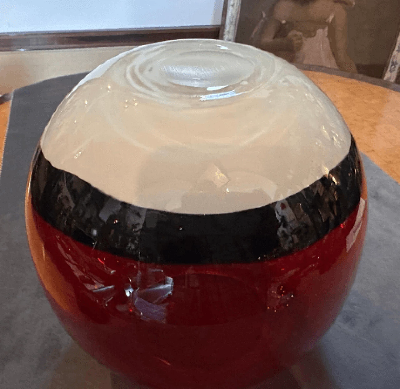 Spherical red, white and black Murano glass vase, 1990s 7
