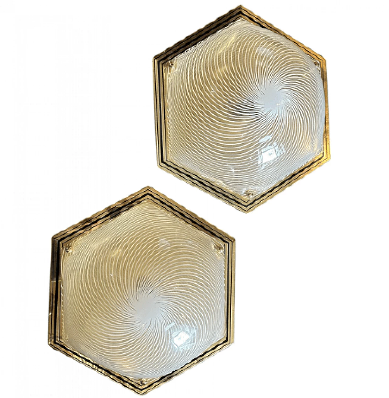 Pair of hexagonal brass and plastic wall lights, 1970s 1