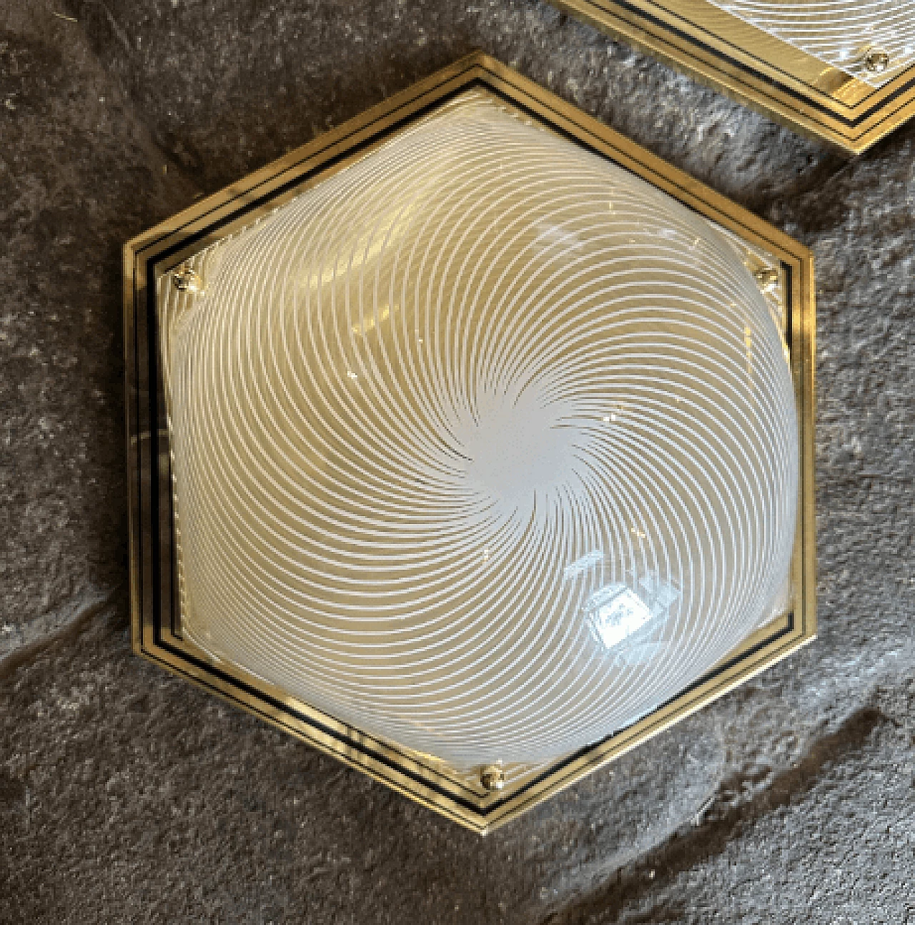 Pair of hexagonal brass and plastic wall lights, 1970s 2