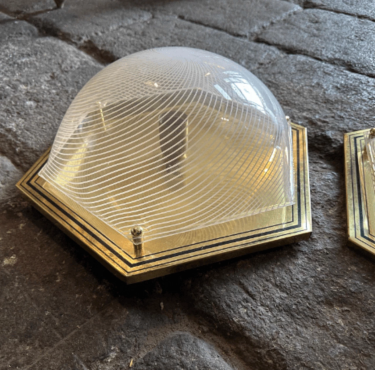 Pair of hexagonal brass and plastic wall lights, 1970s 4