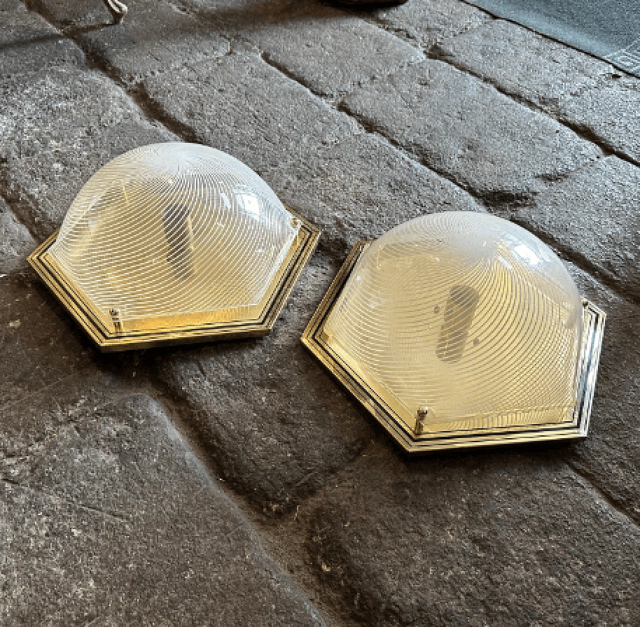Pair of hexagonal brass and plastic wall lights, 1970s 5