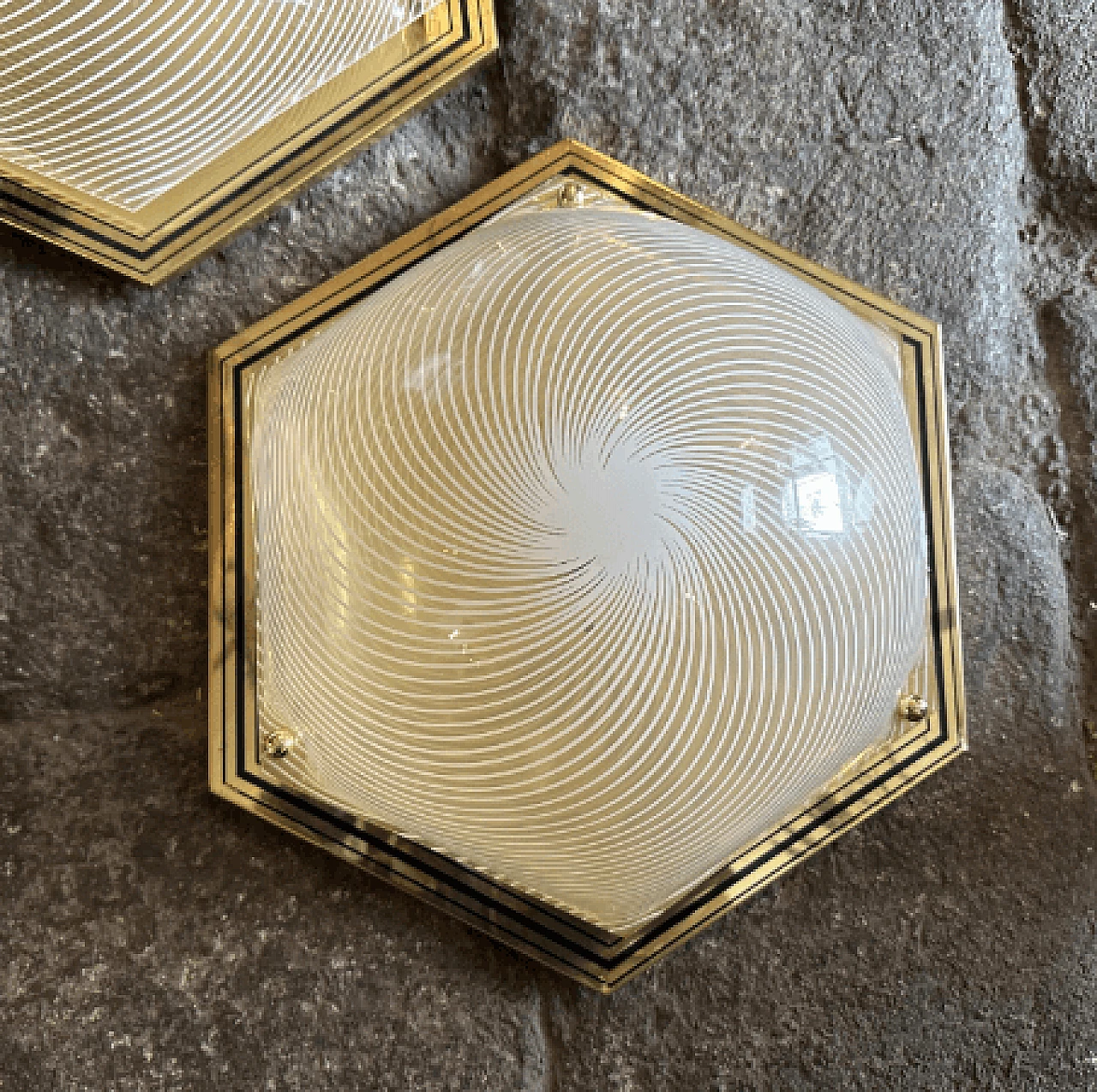Pair of hexagonal brass and plastic wall lights, 1970s 6