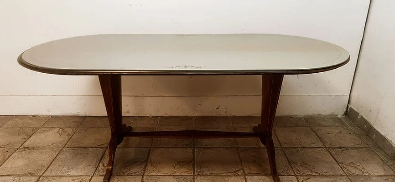 Wood and brass table with decorated glass top 1