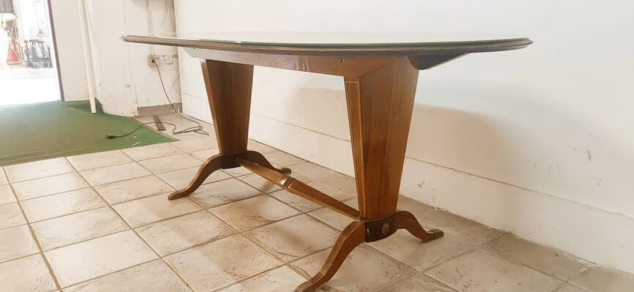 Wood and brass table with decorated glass top 2