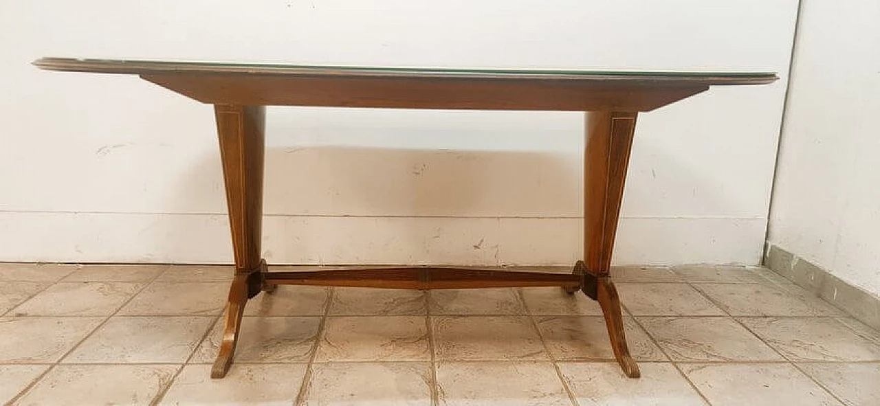 Wood and brass table with decorated glass top 4