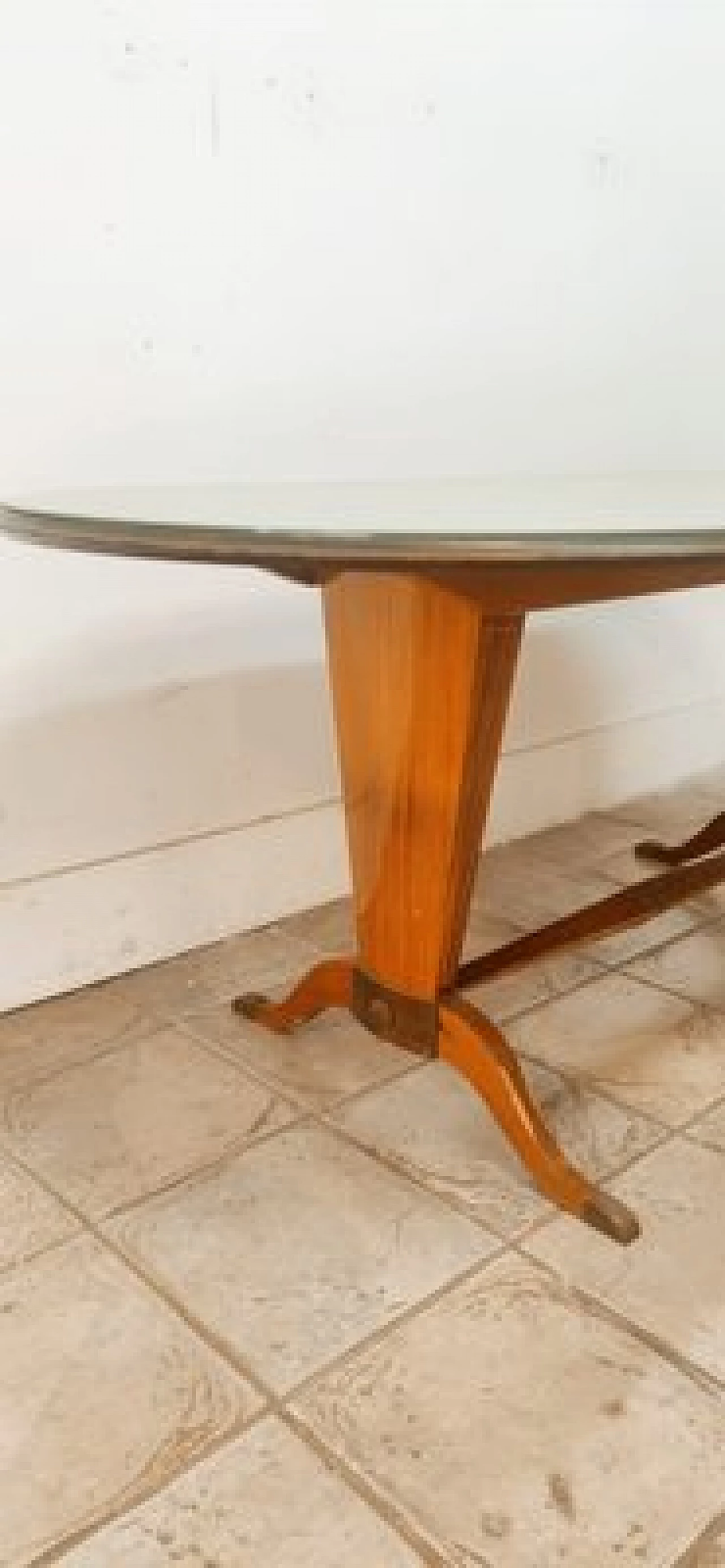 Wood and brass table with decorated glass top 9