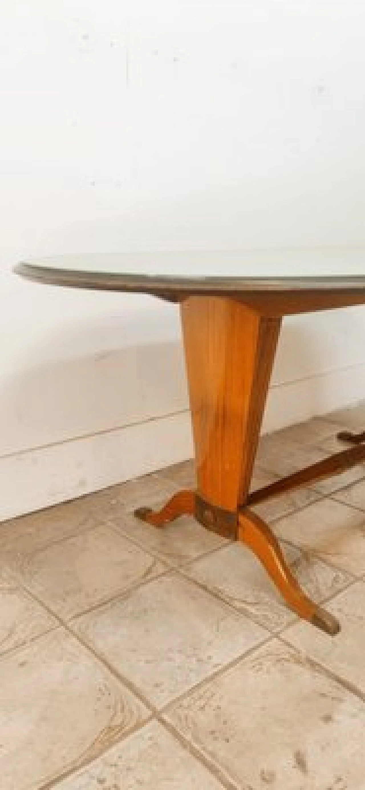 Wood and brass table with decorated glass top 10