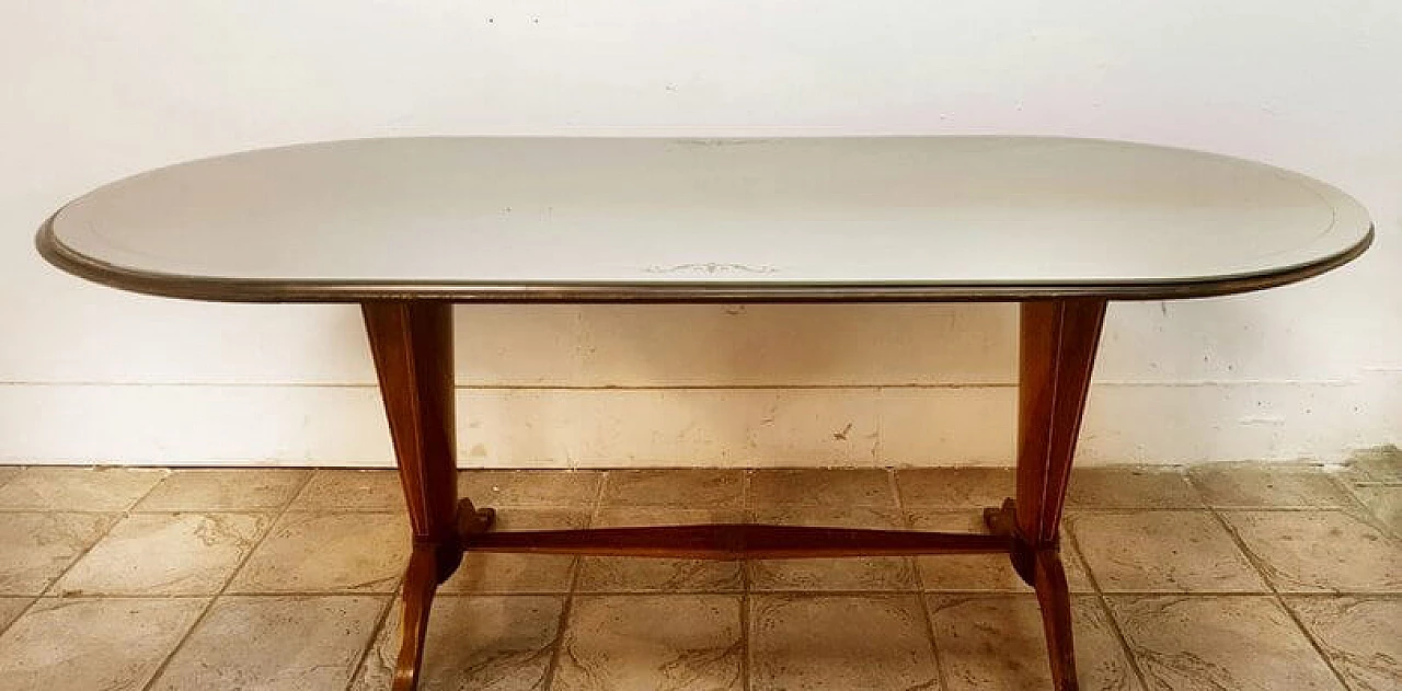 Wood and brass table with decorated glass top 14