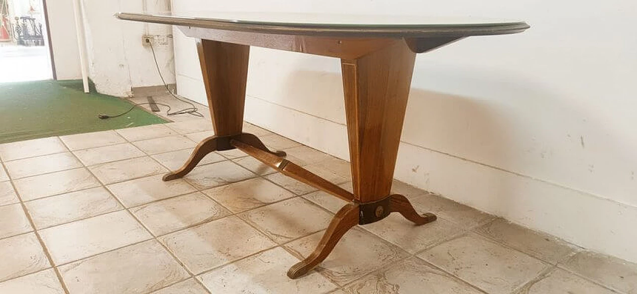 Wood and brass table with decorated glass top 15