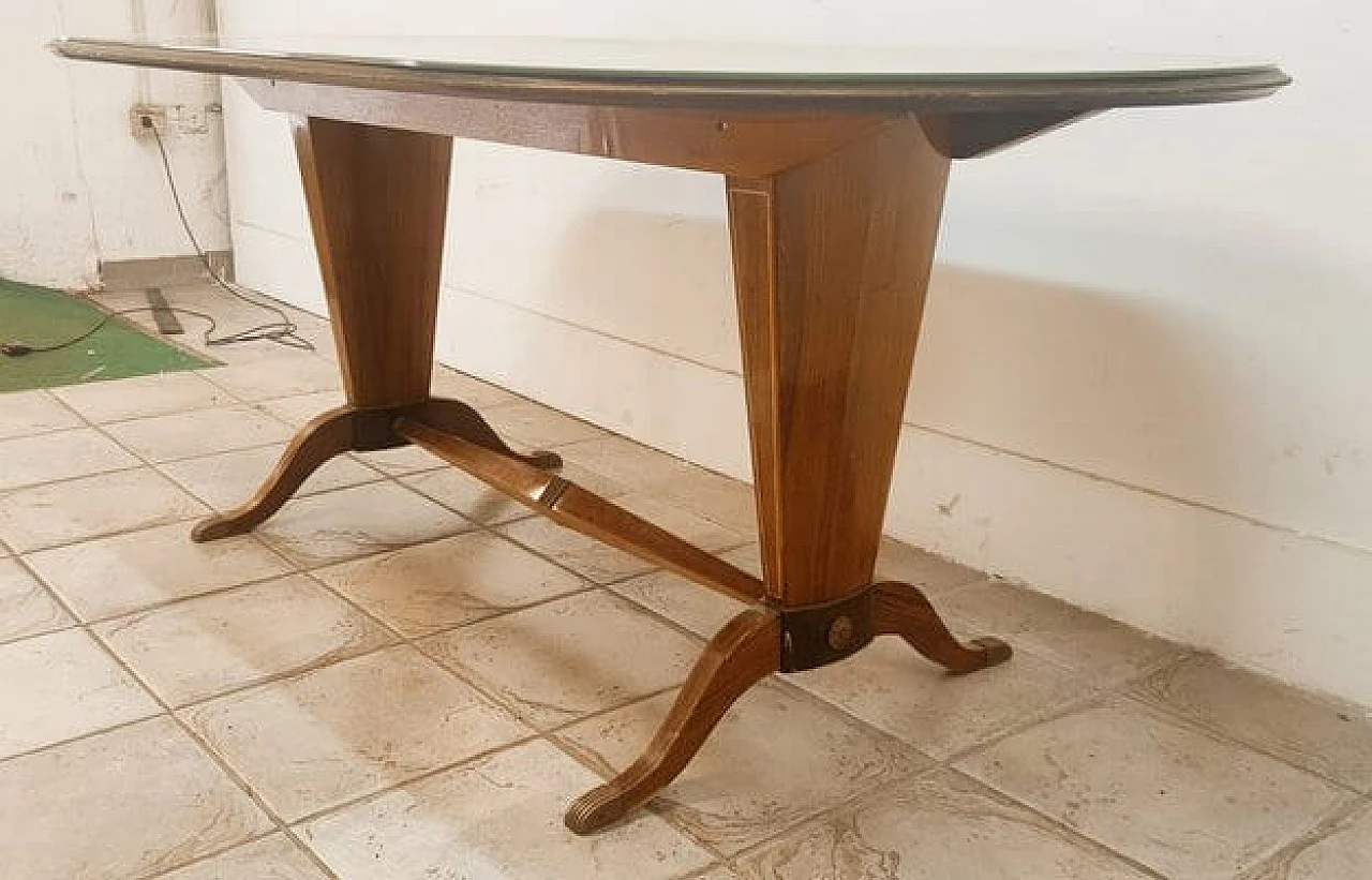 Wood and brass table with decorated glass top 16