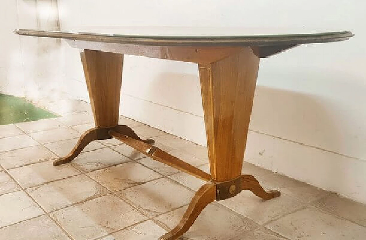 Wood and brass table with decorated glass top 17