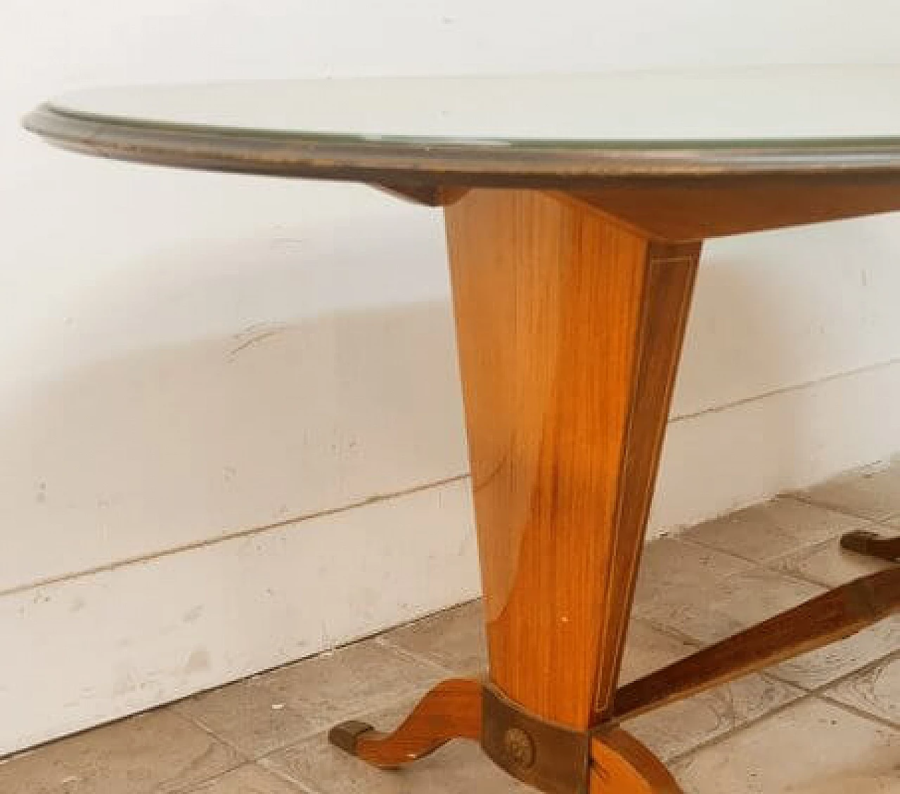 Wood and brass table with decorated glass top 18