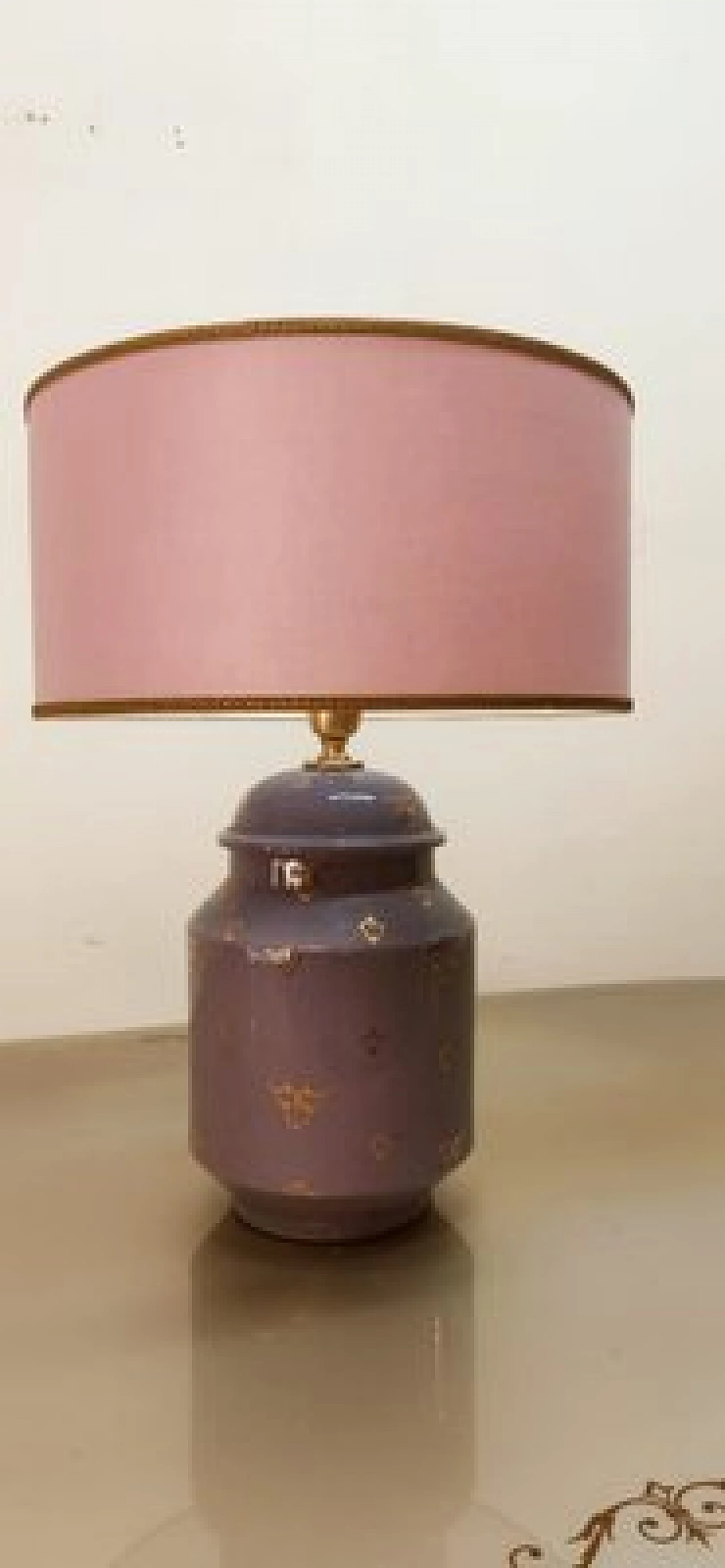 Purple ceramic table lamp with fabric shade, 1970s 1