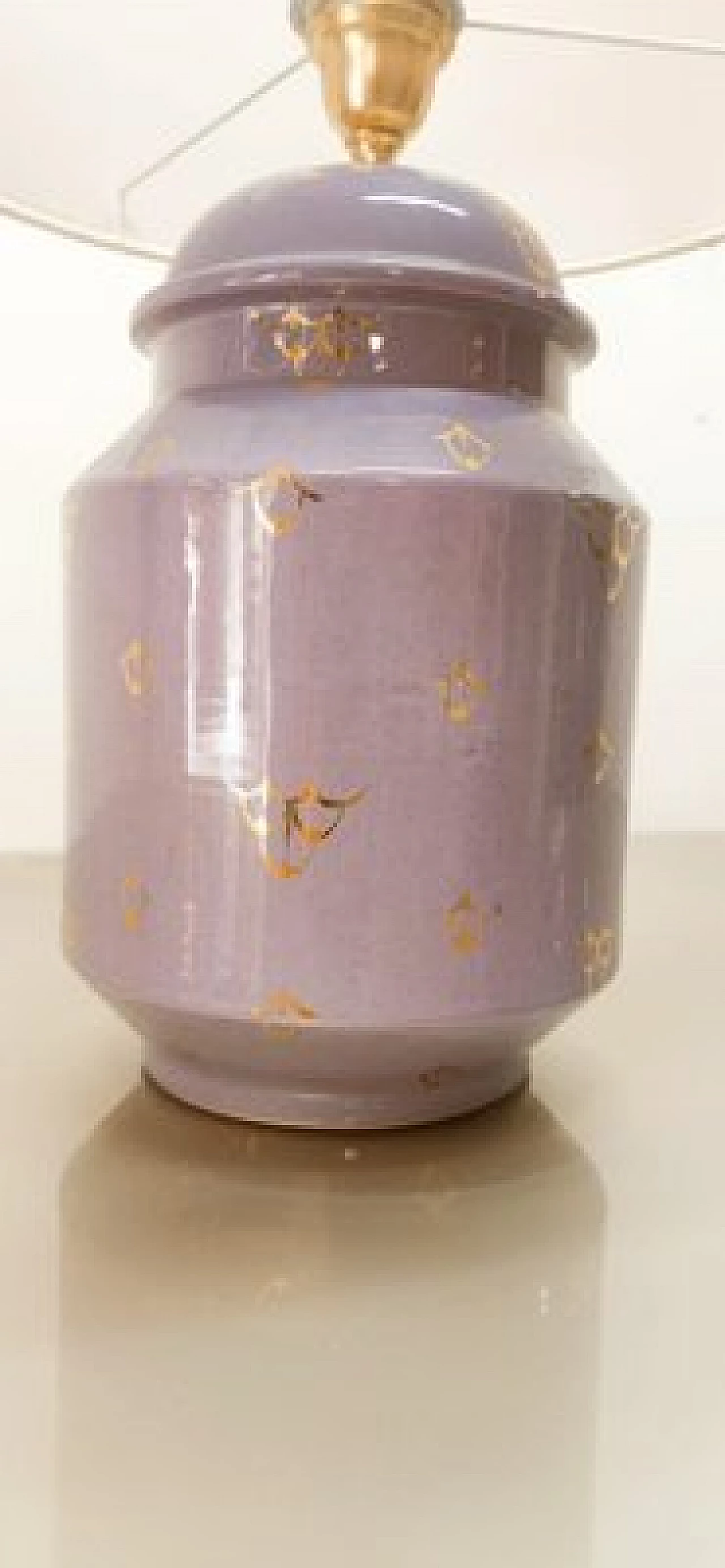 Lampada da tavolo in ceramica viola con paralume in tessuto, anni '70 3