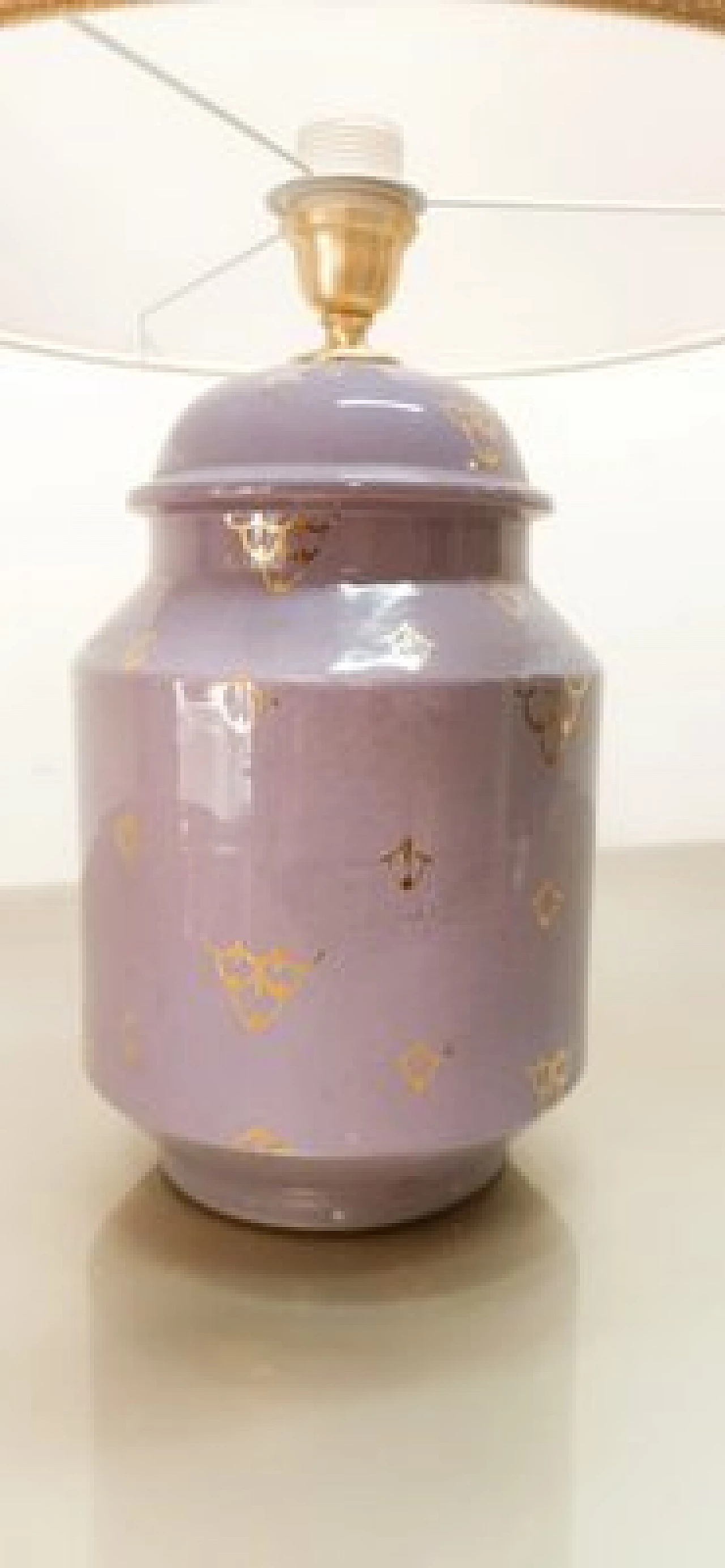 Lampada da tavolo in ceramica viola con paralume in tessuto, anni '70 4